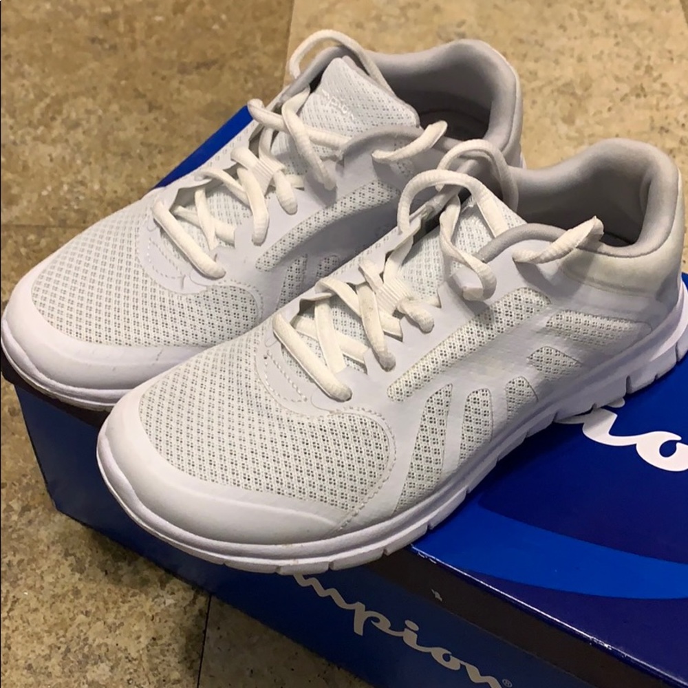 White Champion running shoe.
